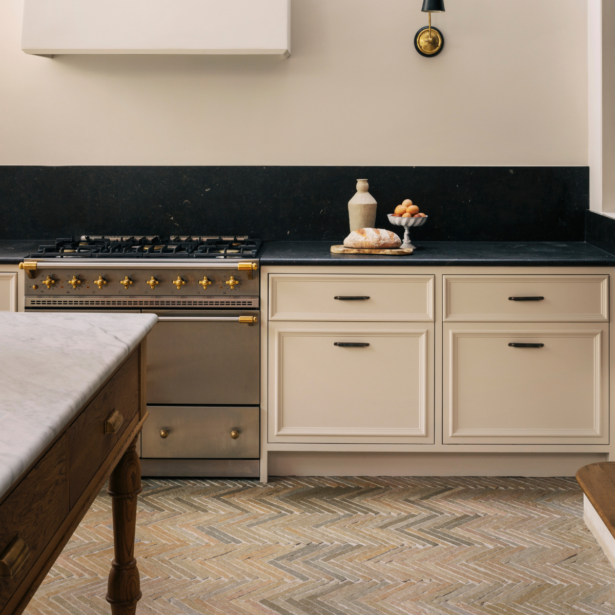 Herringbone Floor Stone Tiles In Contemporary Kitchen.