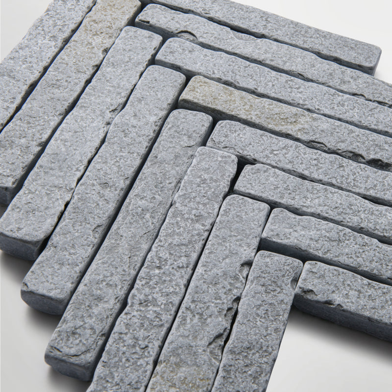 Bordeaux Blue Herringbone | Tumbled Limestone Distressed Grey Floor & Wall Tile