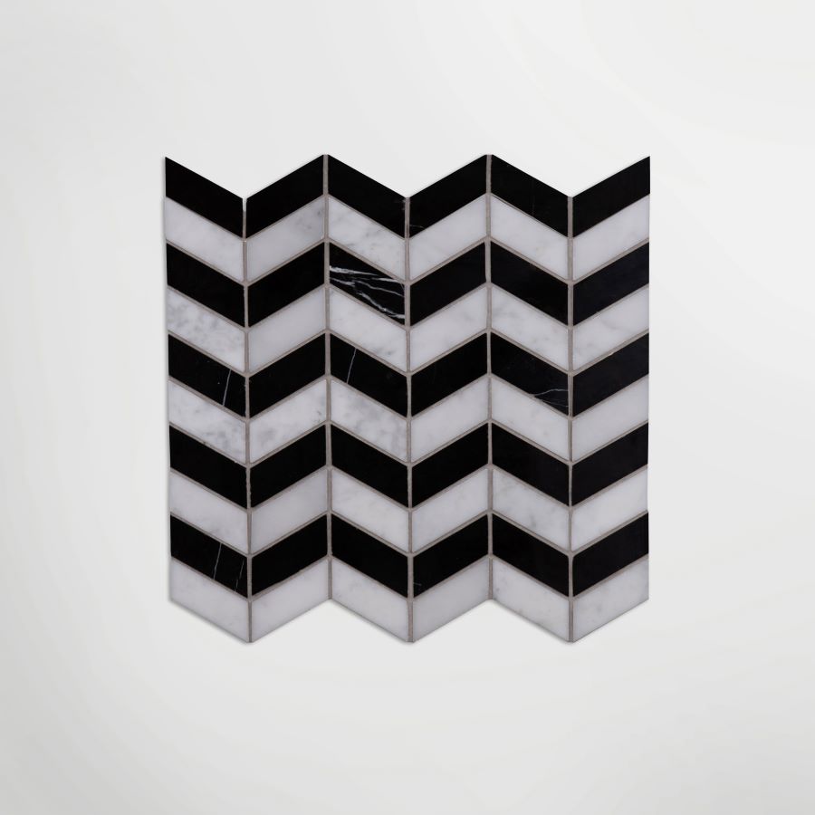 Italian Carrara And Nero Marquina Chevron Mosaic | Polished Marble Stone Multi Coloured Floor & Wall Tile