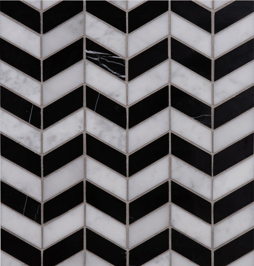 Italian Carrara And Nero Marquina Chevron Mosaic | Polished Marble Stone Multi Coloured Floor & Wall Tile