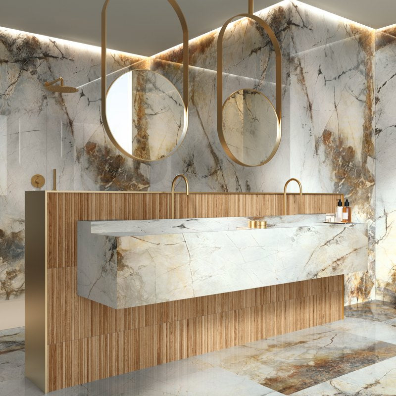 Mirrored Marble Gold B | Polished Porcelain Marble Effect Ivory Floor & Wall Tile
