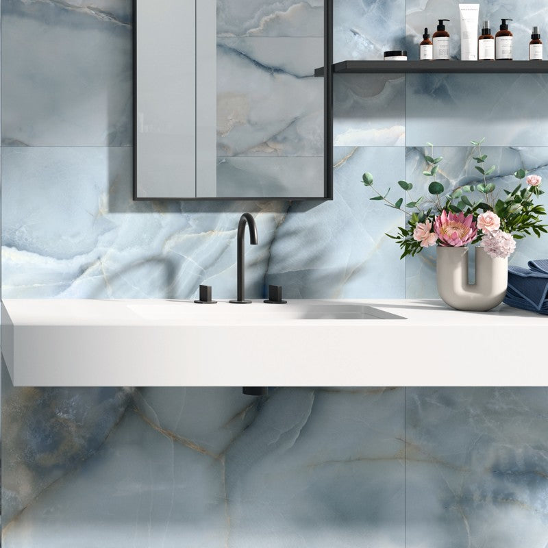 Mirrored Marble Onice Sky A | Polished Porcelain Marble Effect Blue Floor & Wall Tile