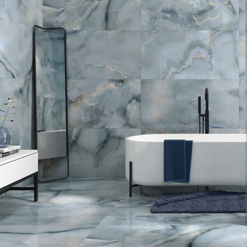 Mirrored Marble Onice Sky B | Polished Porcelain Marble Effect Blue Floor & Wall Tile