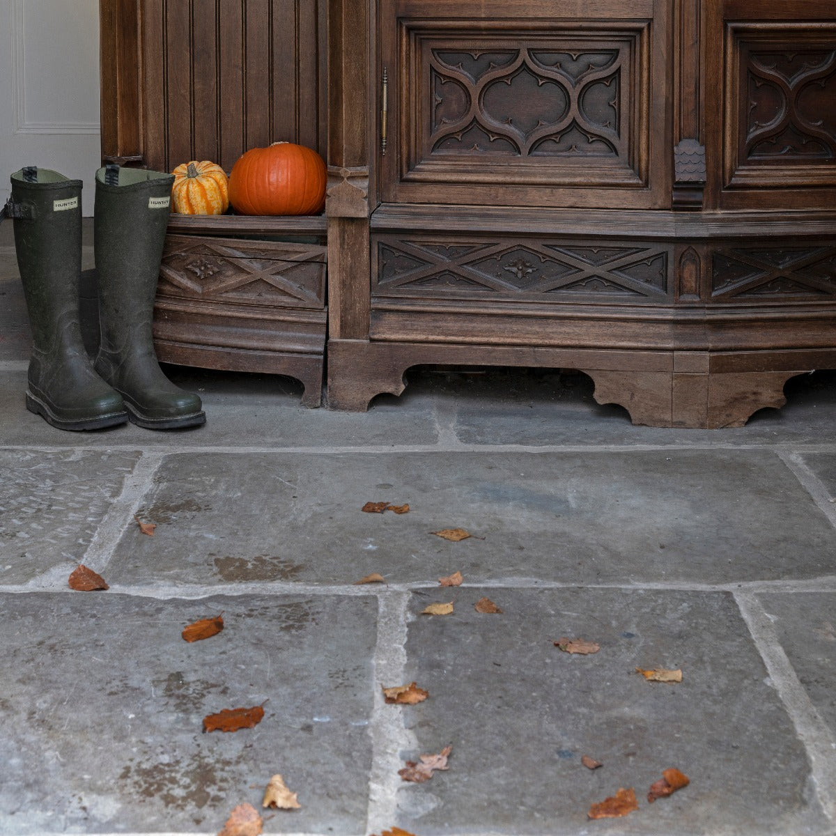 Reclaimed Stone Flooring Flagstones In A Traditional English Bootroom.
