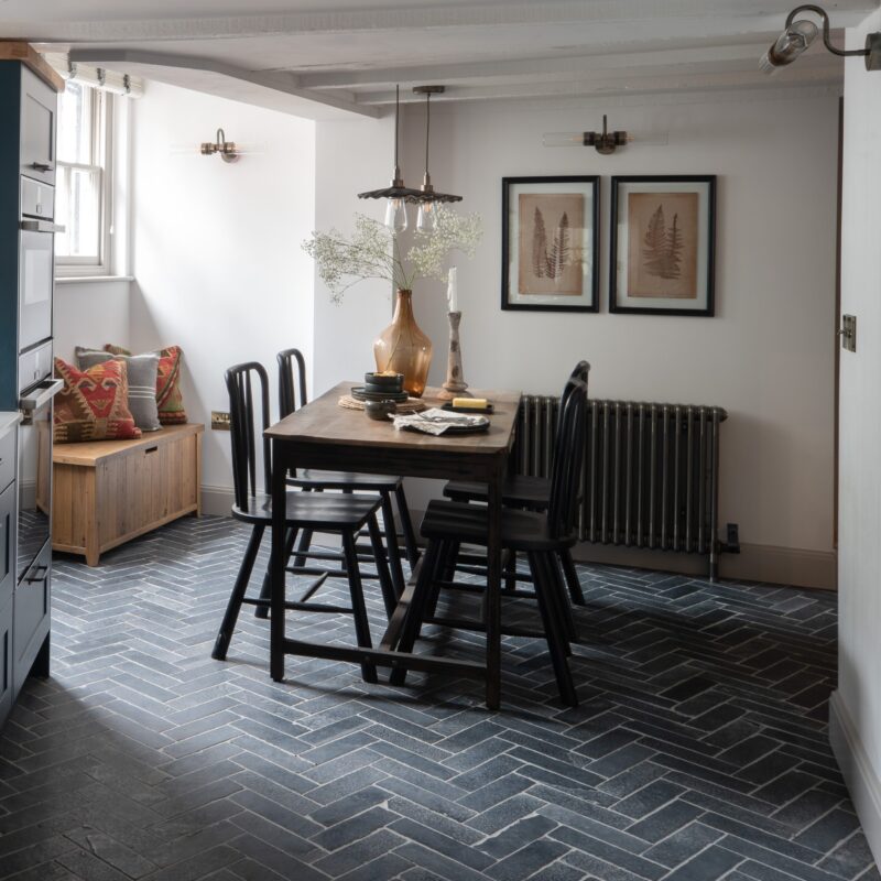 Black Herringbone Parquet Limestone Stone Flooring Dining Room