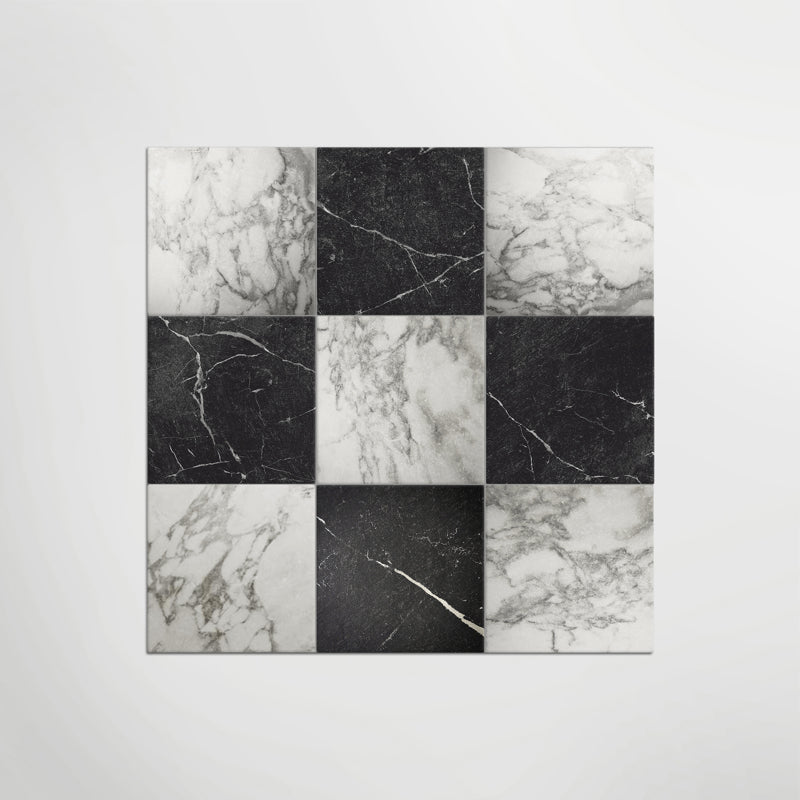 Antique Marble Arabescato and Nero Marquina Chequer - Marble Effect Porcelain