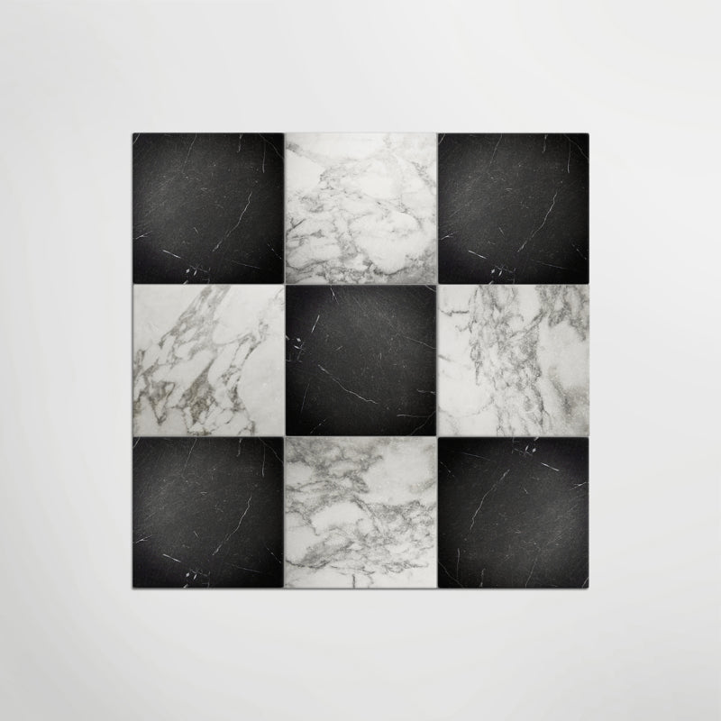 Antique Marble Arabescato and Nero Marquina Chequer - Marble Effect Porcelain