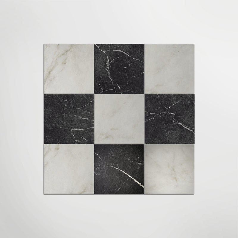 Antique Marble Calacatta Oro and Nero Marquina Chequer - Marble Effect Porcelain.