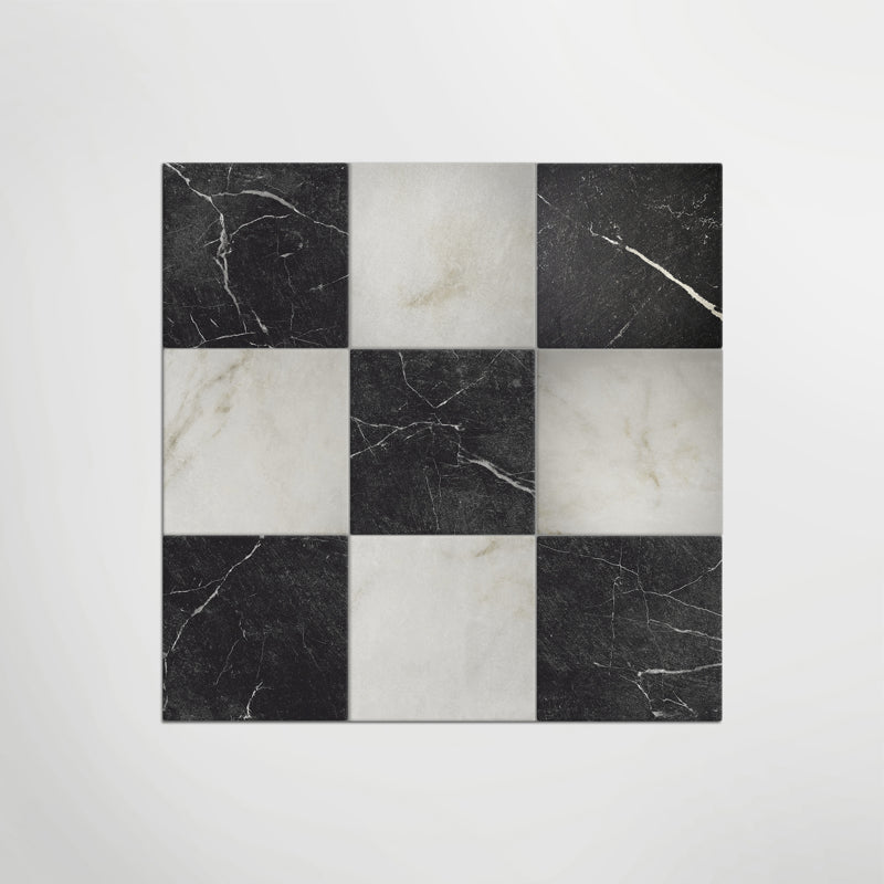 Antique Marble Calacatta Oro and Nero Marquina Chequer - Marble Effect Porcelain.