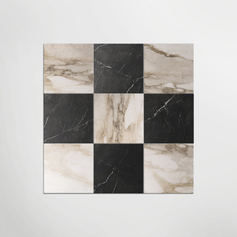 Antique Marble Macchia Vecchia and Nero Marquina Chequer - Marble Effect Porcelain