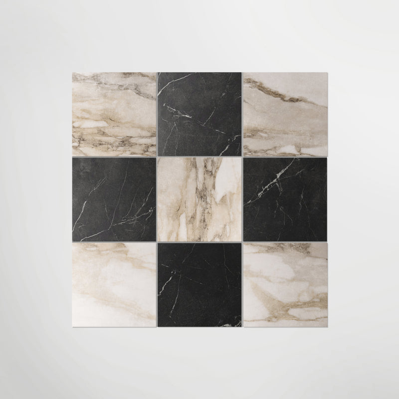 Antique Marble Macchia Vecchia and Nero Marquina Chequer - Marble Effect Porcelain