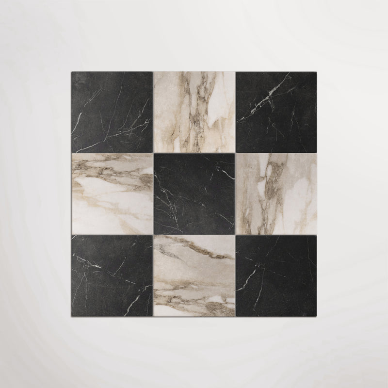 Antique Marble Macchia Vecchia and Nero Marquina Chequer - Marble Effect Porcelain