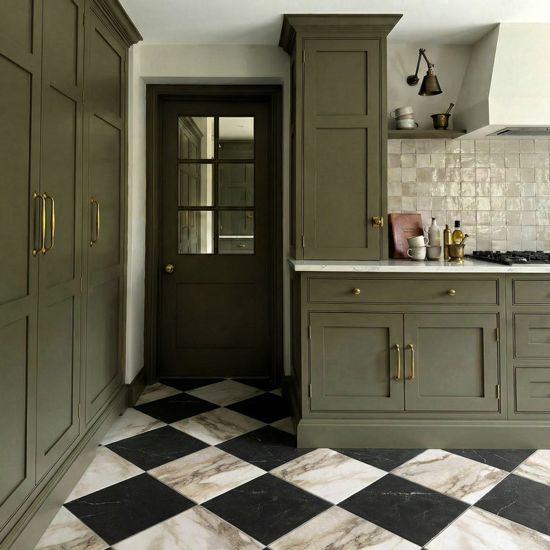 Antique Marble Macchia Vecchia and Nero Marquina Chequer - Marble Effect Porcelain
