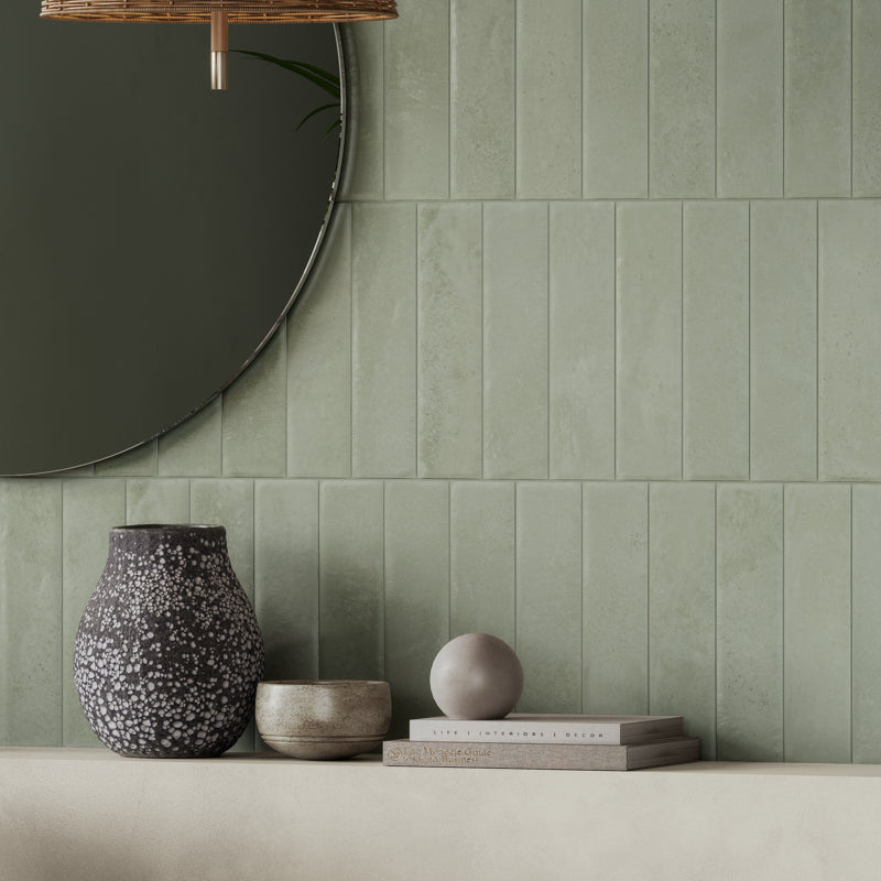 Small Green Decorative Long Thin Brick Metro 240mm X 60mm Porcelain Tiles