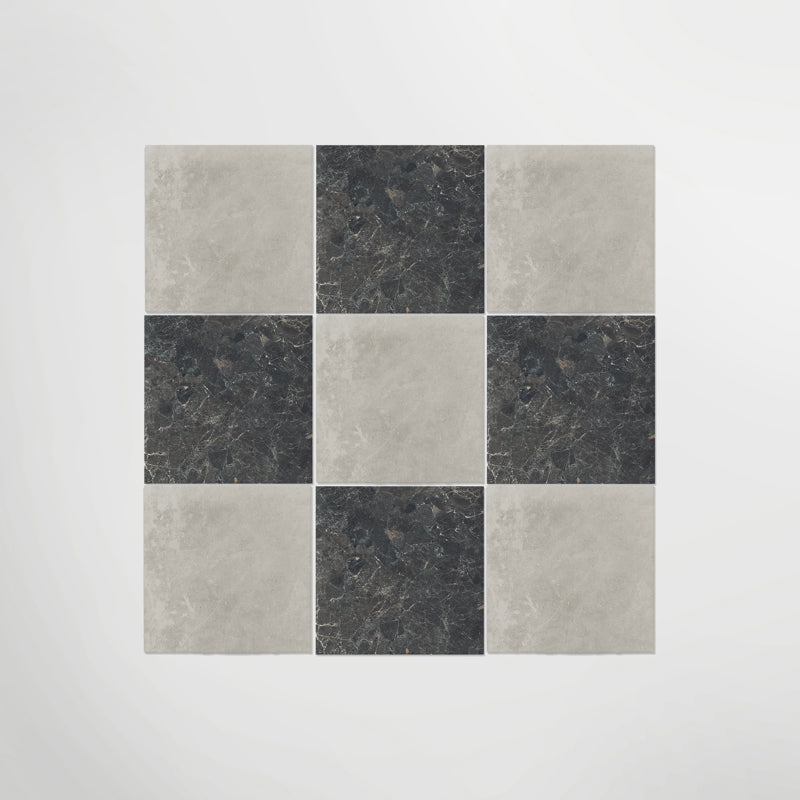 Black & White Chequer Marble Effect Porcelain Floor Tiles