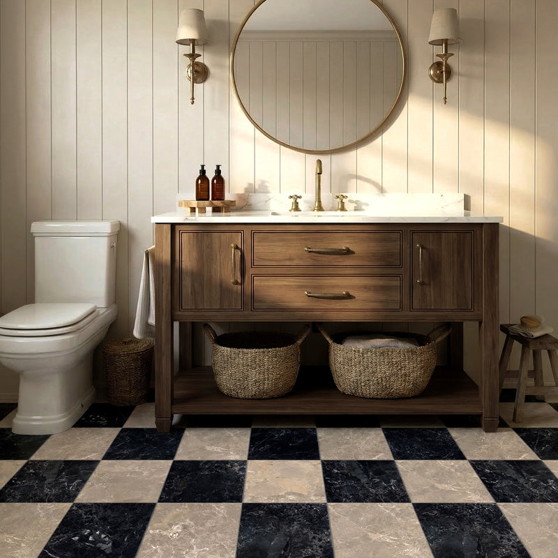 Cosmo Nero and Taupe Chequer - Marble Effect Porcelain