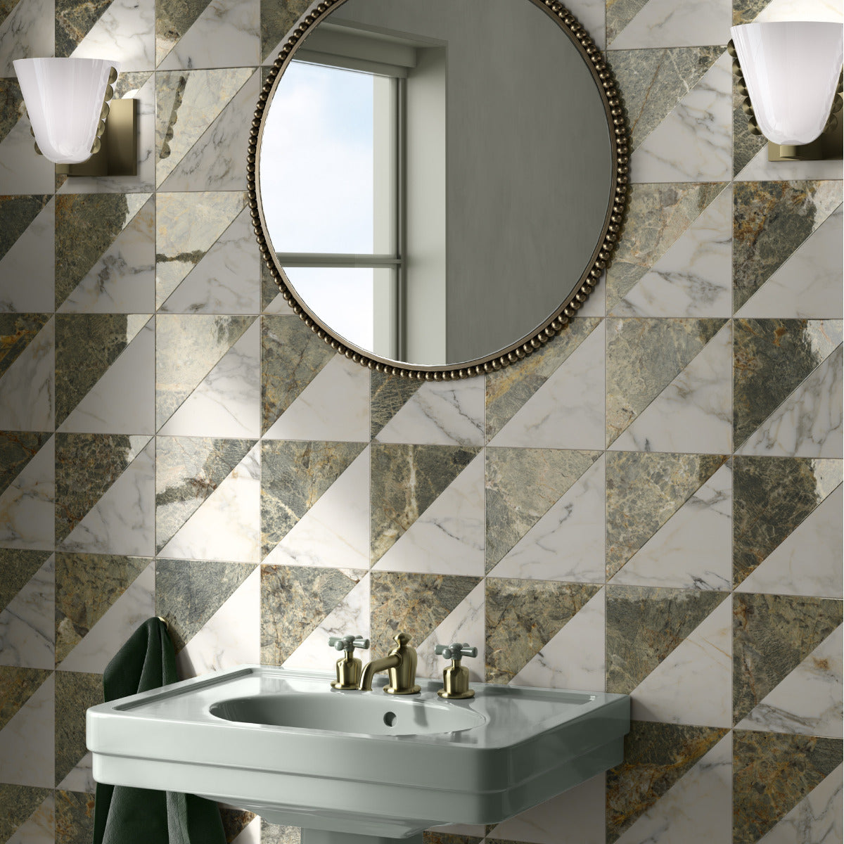Green & Cream Dolce Vita Style Geometric Gloss Porcelain Tiles