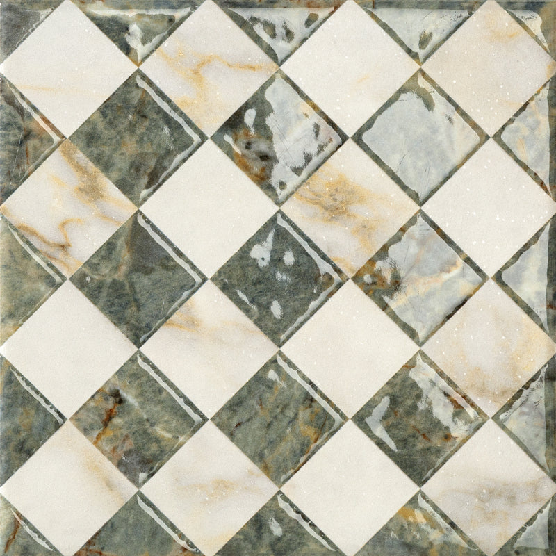 Small Green & Cream Glazed Chequered Decorative Porcelain Tiles