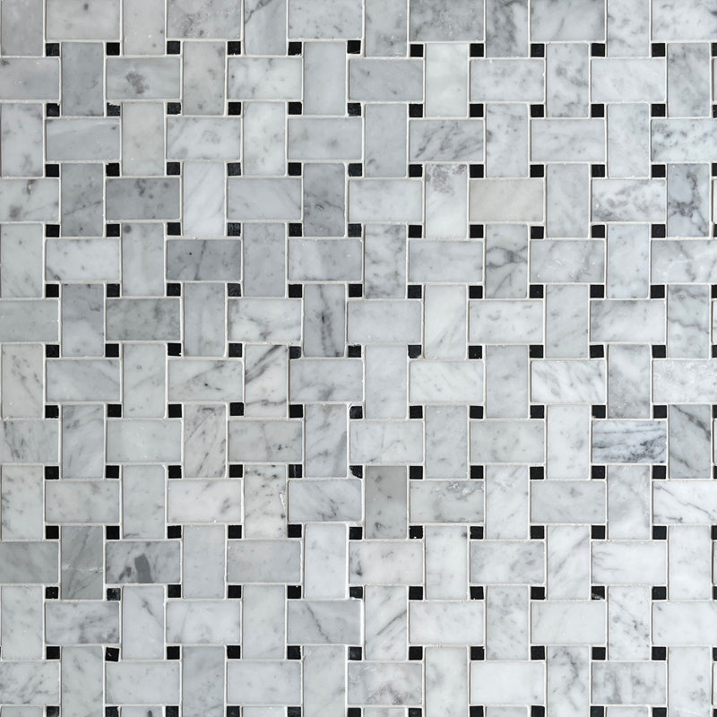 Italian Carrara Basketweave Mosaic Medium | Honed Marble Stone White Floor & Wall Tile