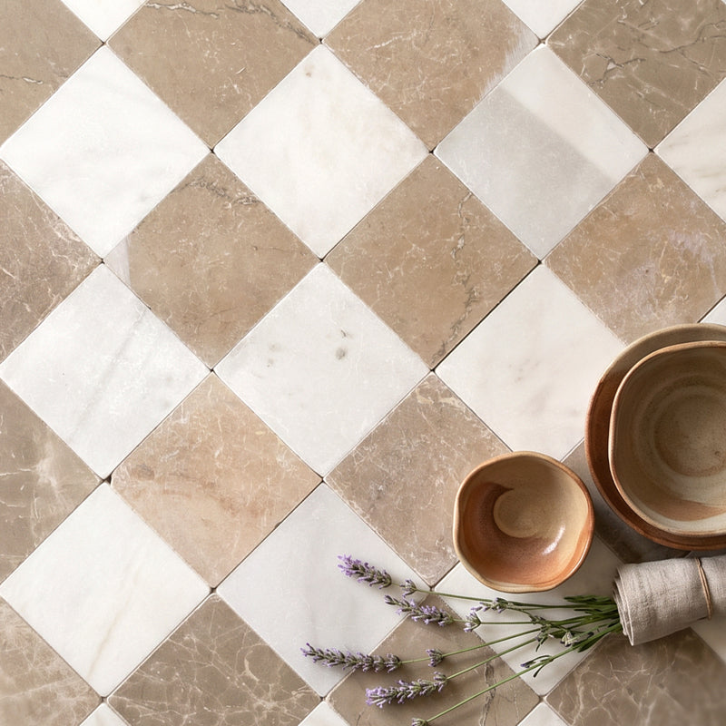 Rosa Andalusia And Macael White Chequer - Tumbled Marble