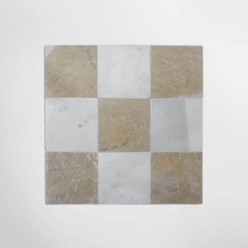 Beige & White Real Marble Chequered Floor Tiles