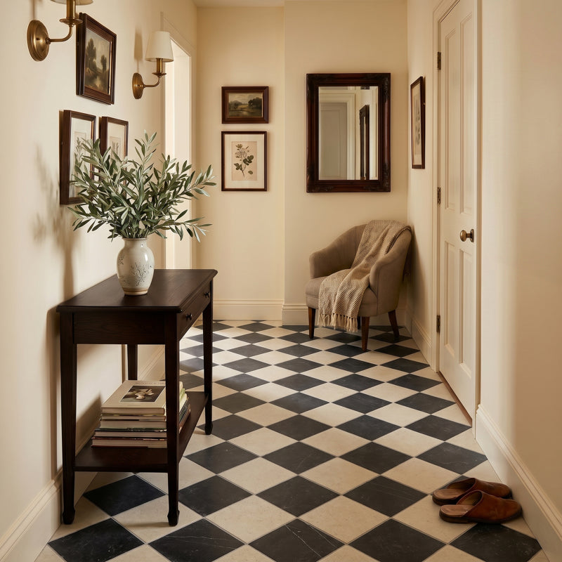 Venetian Black And White Chequer - Marble Effect Porcelain