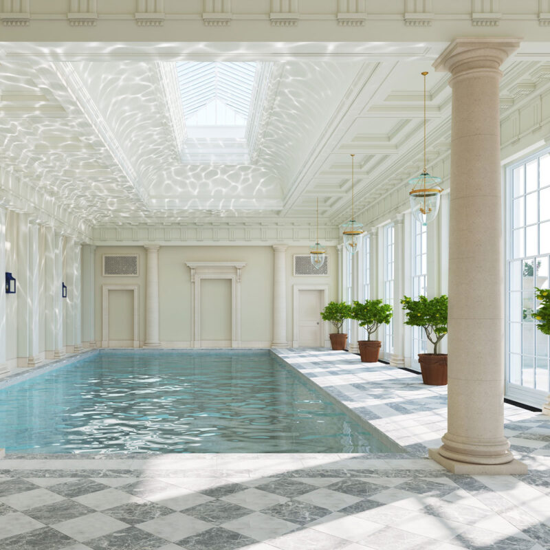 Venetian White floor tiles around swimming pool at country house