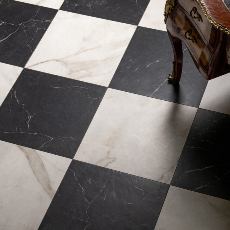 Lapicida Antique Marble Nero Marquina and Calacatta Oro Chequer pattern floor tiles
