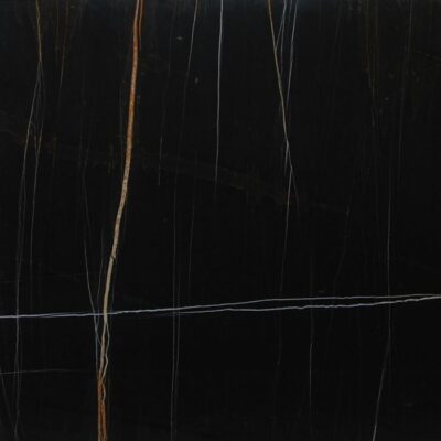 Lapicida Sahara Noir is a deep black marble with white and orange veining