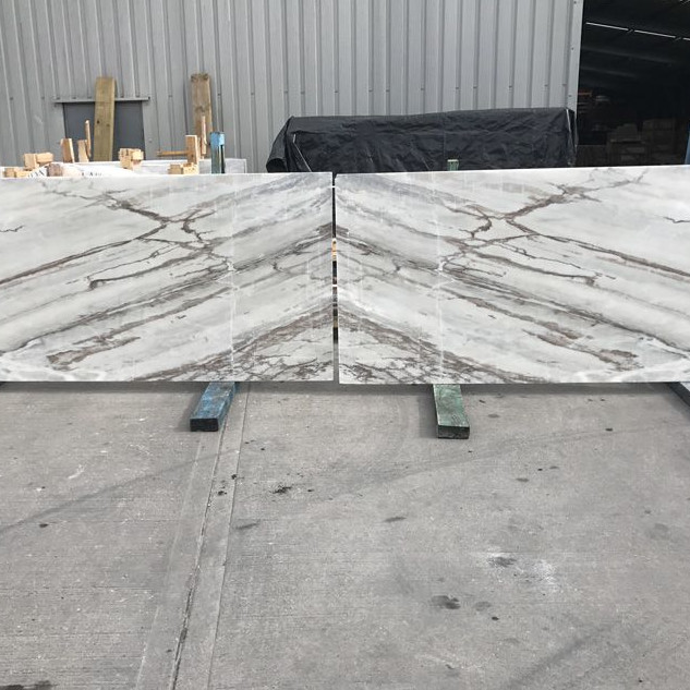 Lapicida San Marino Venato bookmatch marble ready for quality check at Yorkshire warehouse