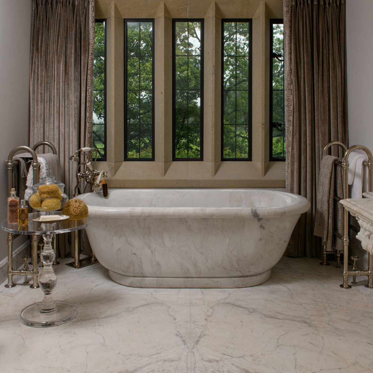 Neo Jacobean project - marble bath and bookmatch floor from Lapicida