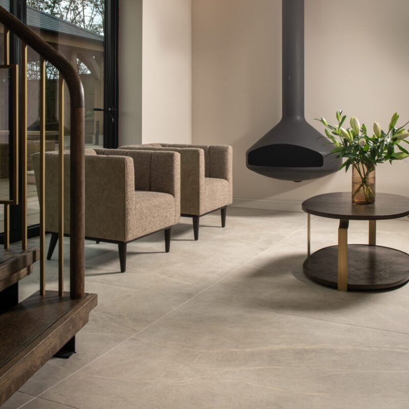 Lapicida S Stone White is an Italian porcelain tile replicating natural stone for contemporary interiors